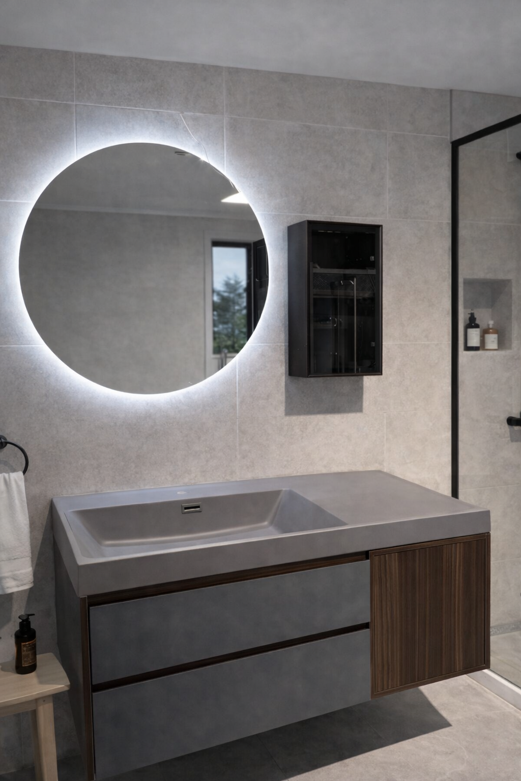 Modern bathroom with circular LED mirror